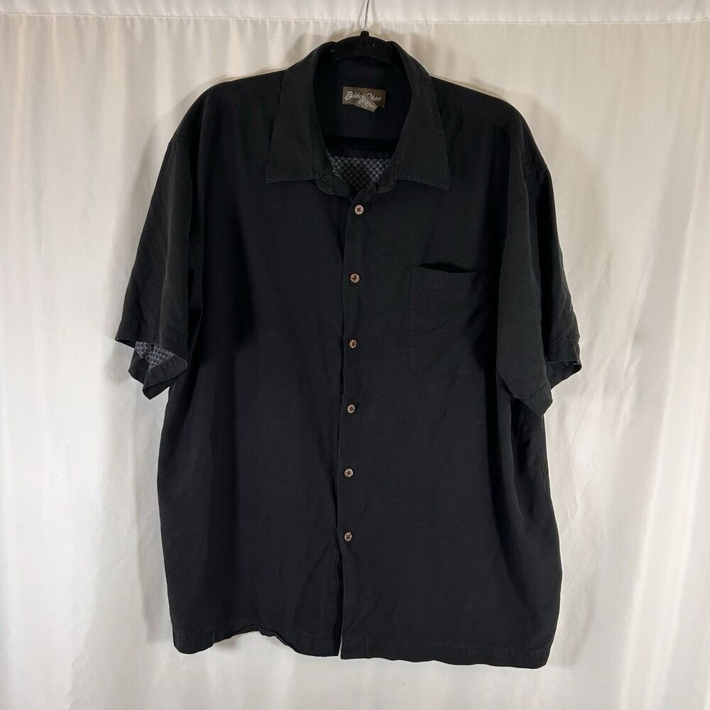 Bobby Chan Silk Shirt Men's XXL Solid Black Button Up Short Sleeve Pocket